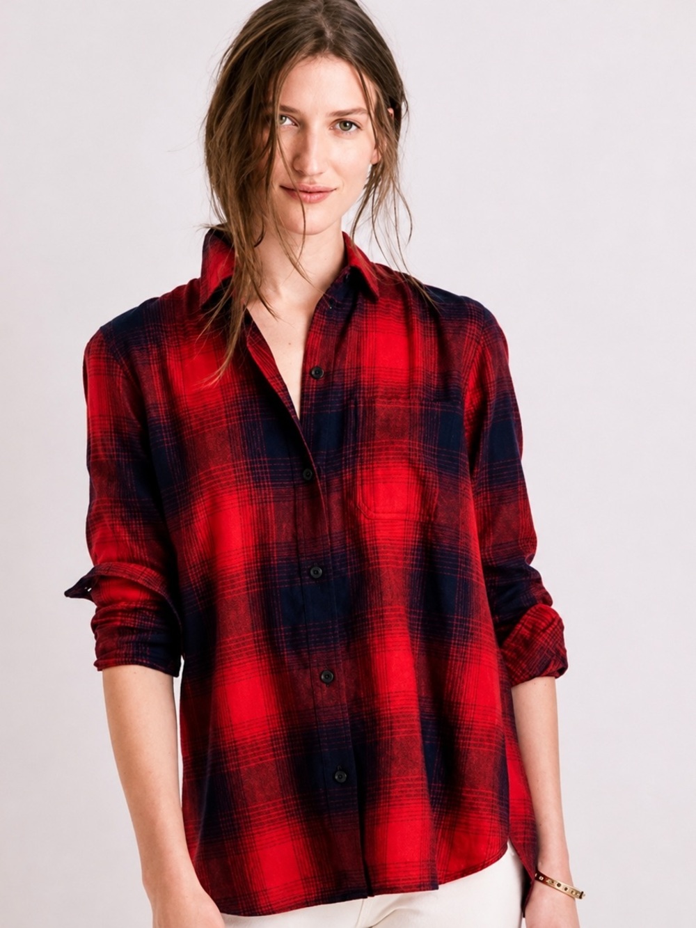 Madewell Ex-Boyfriend Shirt Wilder Plaid Red Navy Flannel Women Size S